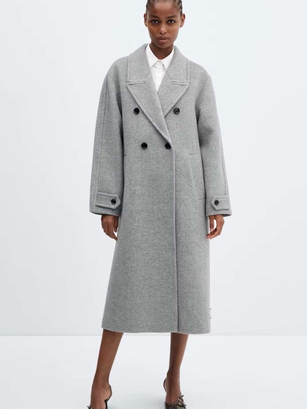 Mango Double-Breasted Long Trench Coat in Gray